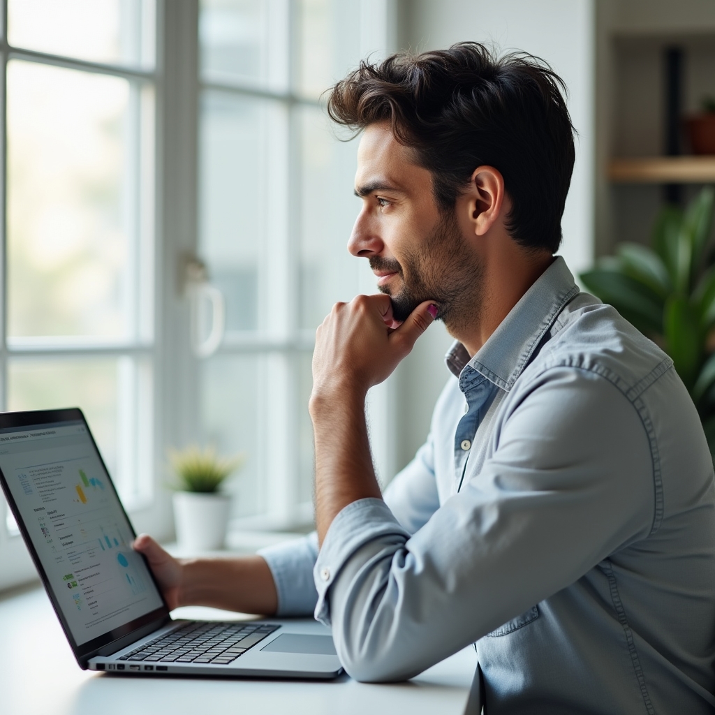 Blogger reviewing a content tracking dashboard on a laptop screen at a bright desk