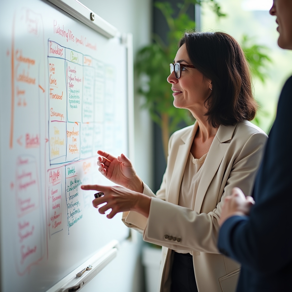 Content strategist planning a publishing calendar with sticky notes on a whiteboard