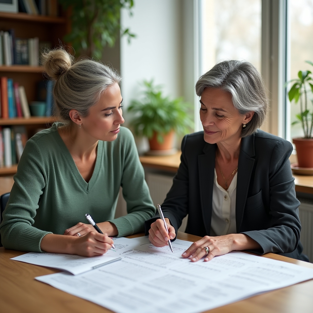 A mentor reviewing a content calendar with a content creator at a shared desk